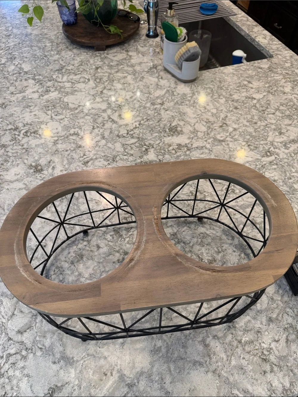 Elevated Double Pet Bowl Stand in Black Metal with Wood Top large bowls